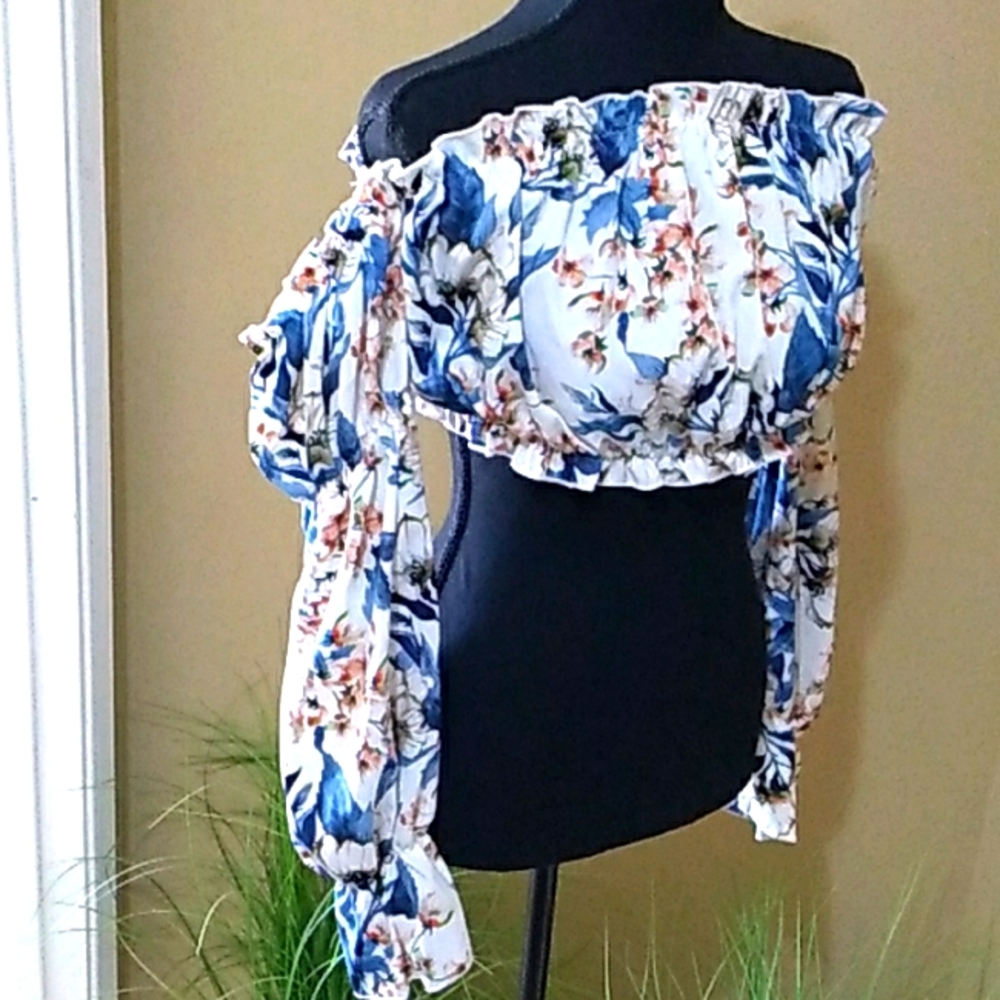 SHEIN Off Shoulders Flower Print Long Sleeves Crop Top Women's Large NWOT - Picture 2 of 4